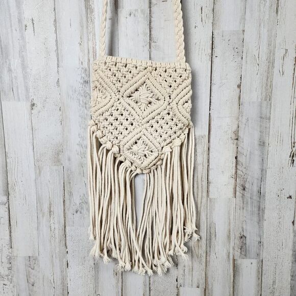 Divided Macrame Crossbody Bag Purse Beige - Picture 1 of 12